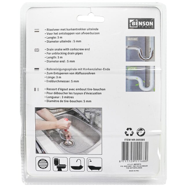 Benson Rioolveer - 3 meter - Kurkentrekker kop - Met handel