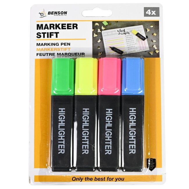 Benson 4-delige markeerstiftenset - fluorescerend - geschuinde punt - 2-5 mm - helder polypropyleen
