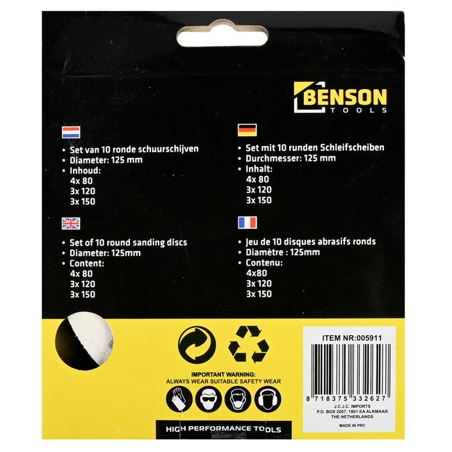 Benson Schuurschijven set - Ø 125 mm - Korrel 80/120/150 - 10-delig