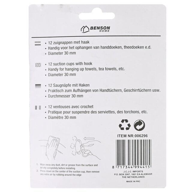 Benson Zuignap met haak set - transparant - Ø 30 mm - 12 stuks - hoogwaardig kunststof