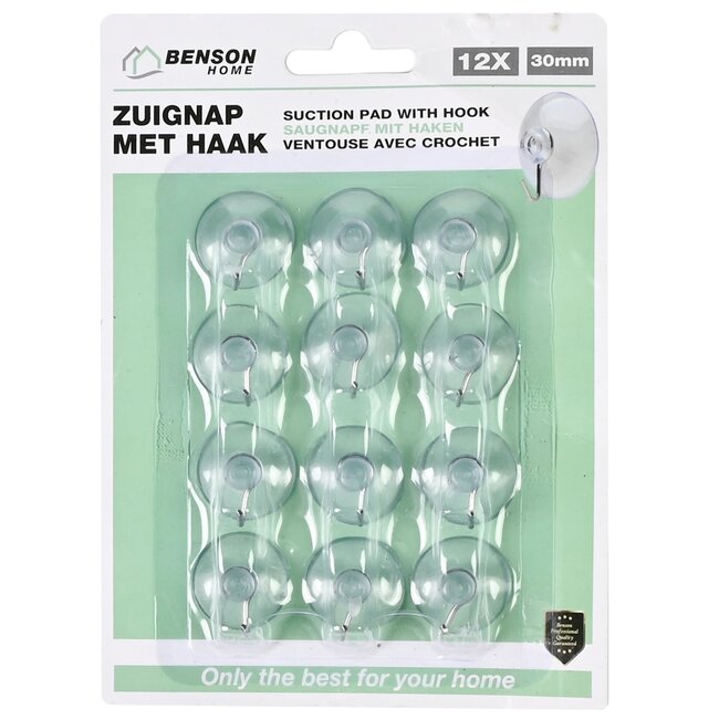 Benson Zuignap met haak set - transparant - Ø 30 mm - 12 stuks - hoogwaardig kunststof