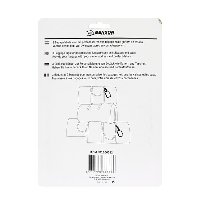 Benson Set van 3 kofferlabels - Duurzaam kunststof - Personaliseerbaar - Zwart