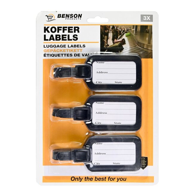 Benson Set van 3 kofferlabels - Duurzaam kunststof - Personaliseerbaar - Zwart