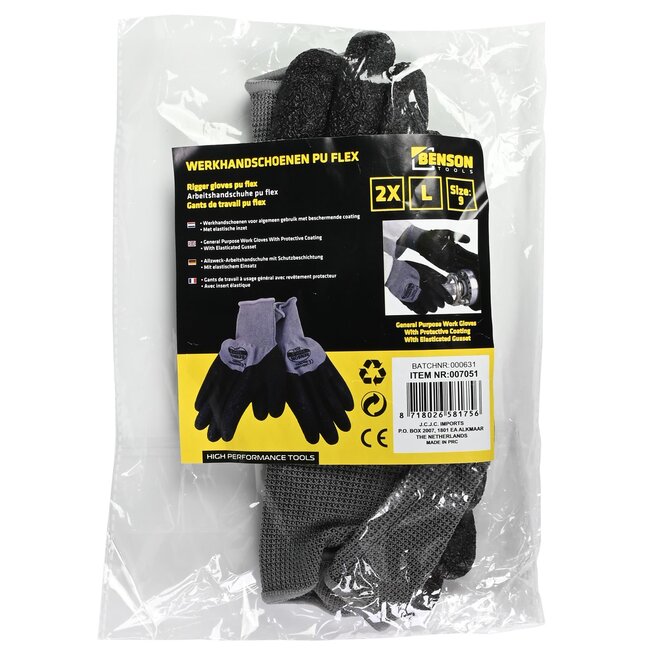 Benson Werkhandschoen - PU Flex - Rib - Vinger- en knokkelbescherming - Maat L - Grijs - 2 stuks