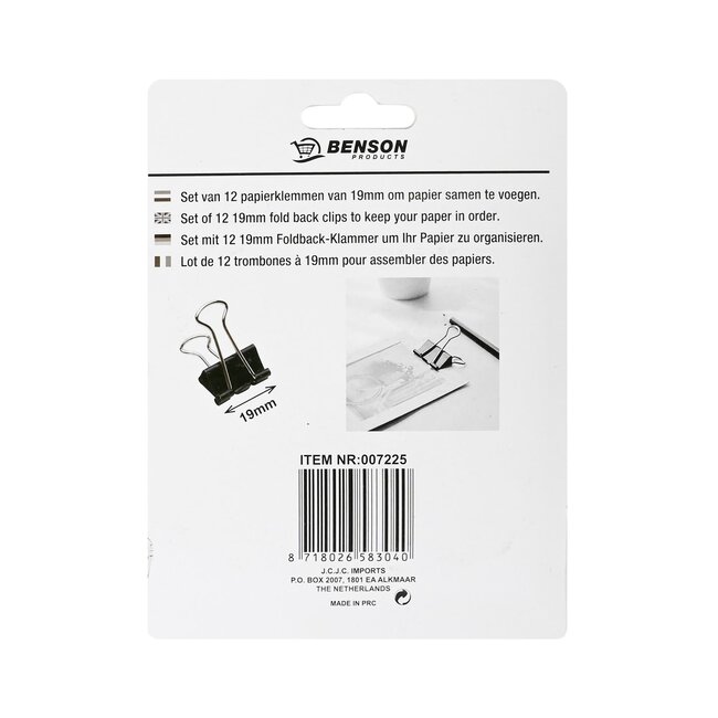 Benson Papierklemmen - 19 mm - Vernikkeld Zwart - Set van 12 - Grote Capaciteit