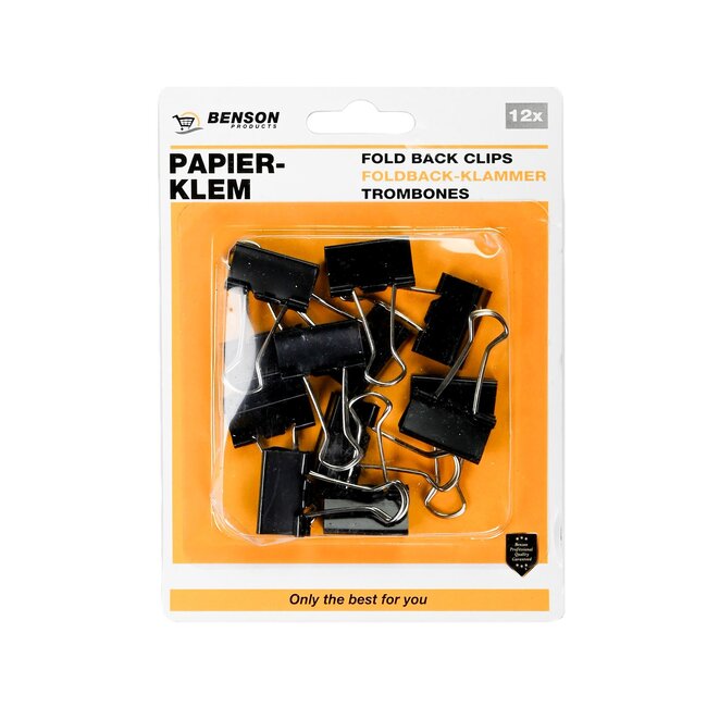 Benson Papierklemmen - 19 mm - Vernikkeld Zwart - Set van 12 - Grote Capaciteit