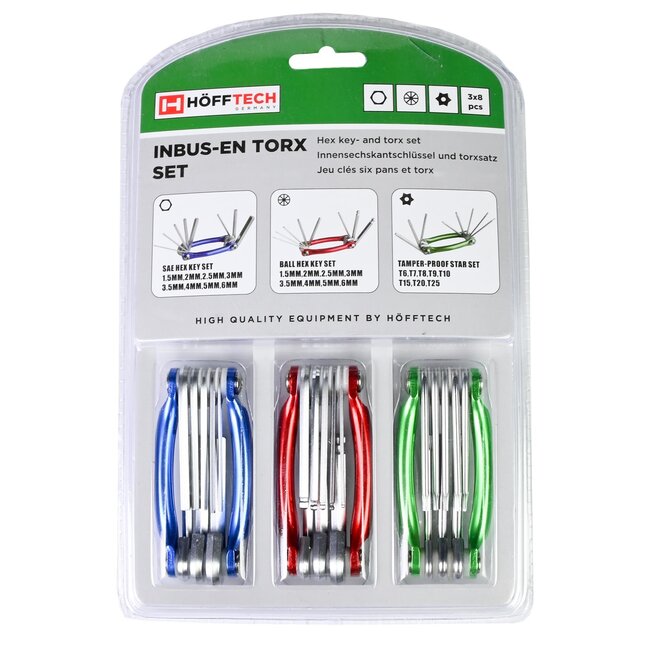 Hofftech Vouwbare inbus- en Torxsleutelset - 3-delig - Kleurgecodeerd - Chroom-vanadiumstaal