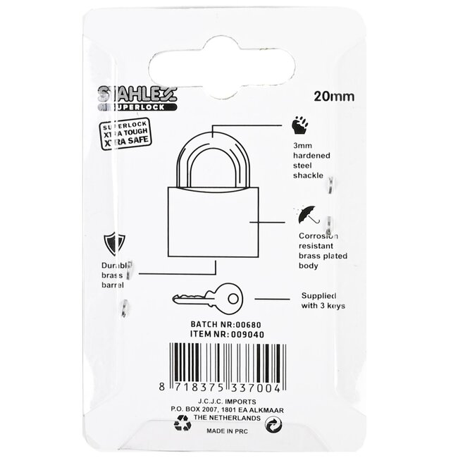 Stahlex Veelzijdig hangslot - 20 mm - veiligheidscategorie C - drie sleutels - geharde beugel