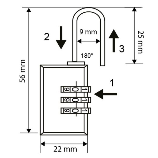 Benson Compact hangslot - 3-cijferige code - messing - 22 mm
