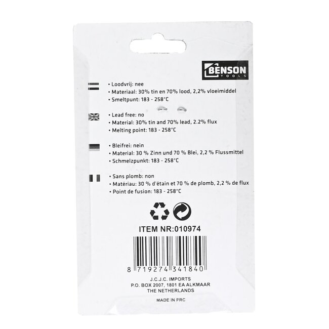 Benson Soldeertin op rol - 1 mm - 8 meter - met harskern - ideaal voor elektronica