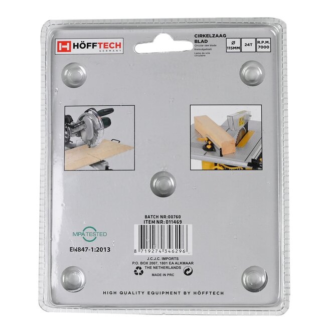 Hofftech Zaagblad cirkelzaag - 24 tanden - Ø 115 mm - Asgat 22.23 mm - Verloopringen 20/16 mm