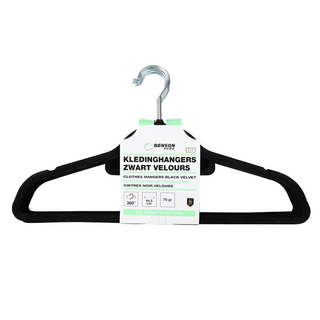 Benson Zwarte velours kledinghangers - anti-slip - 10 stuks