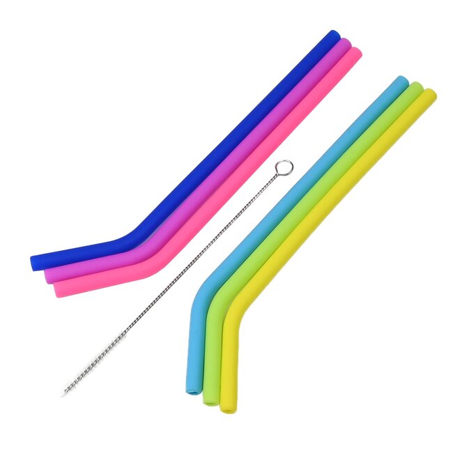 Benson Herbruikbare siliconen rietjes set - kleurrijk - met schoonmaakborstel - 6 stuks - 21 cm