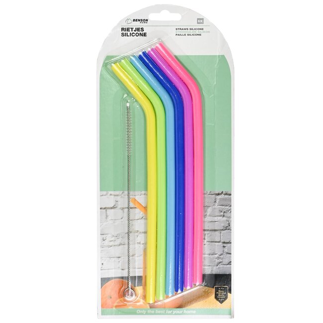 Benson Herbruikbare siliconen rietjes set - kleurrijk - met schoonmaakborstel - 6 stuks - 21 cm