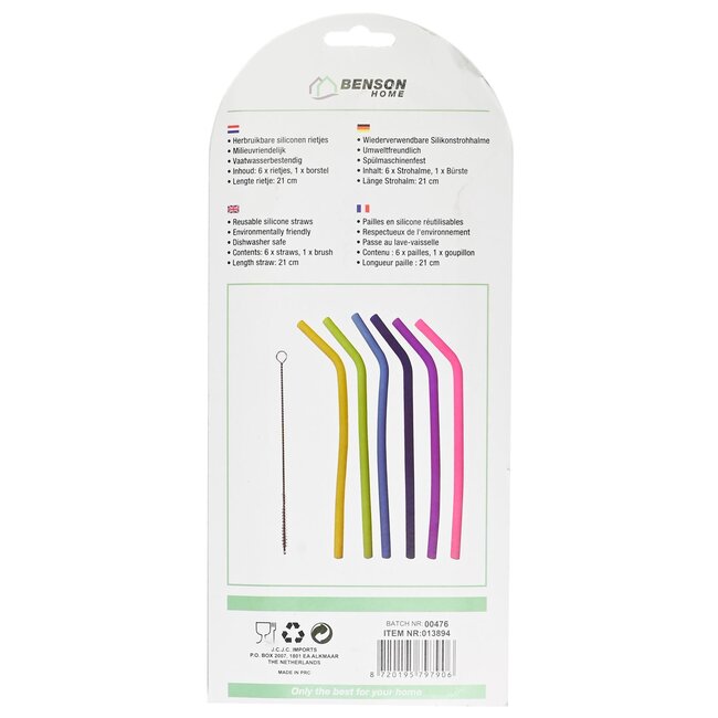 Benson Herbruikbare siliconen rietjes set - kleurrijk - met schoonmaakborstel - 6 stuks - 21 cm