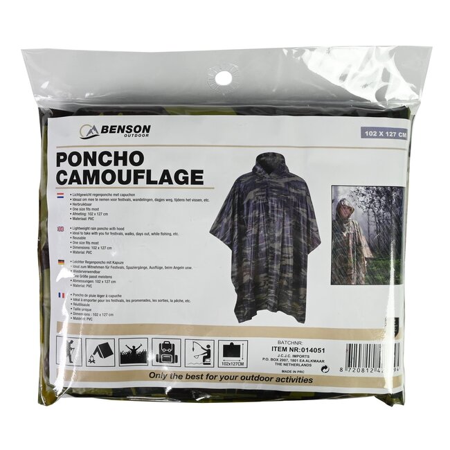 Benson Duurzame regenponcho - camouflage - PVC - 102 × 127 cm - voor kinderen en volwassenen