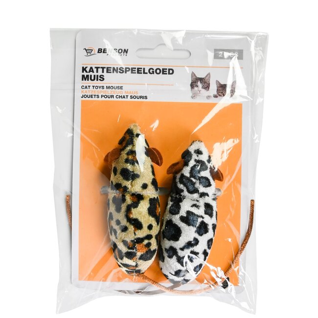 Benson Set kattenspeelgoed muizen - duurzaam en veilig - 2 stuks - wit/zwart en geel/bruin