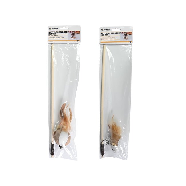 Benson Interactief kattenspeelgoed - hengel met bal en muis - wit/kamillebruin - 2 stuks