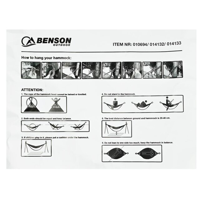 Benson Complete hangmat met karabijnhaak - 200 x 100 cm - grijs - inclusief bevestigingsmaterialen