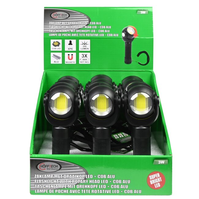 Benson Zaklamp met draaikop - LED + COB - 3 Watt - 200 lumen - zwart