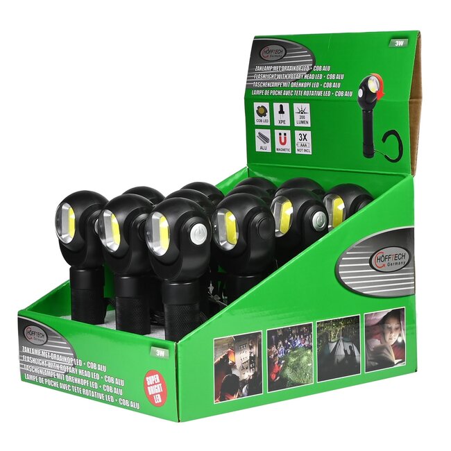 Benson Zaklamp met draaikop - LED + COB - 3 Watt - 200 lumen - zwart