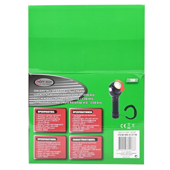 Benson Zaklamp met draaikop - LED + COB - 3 Watt - 200 lumen - zwart