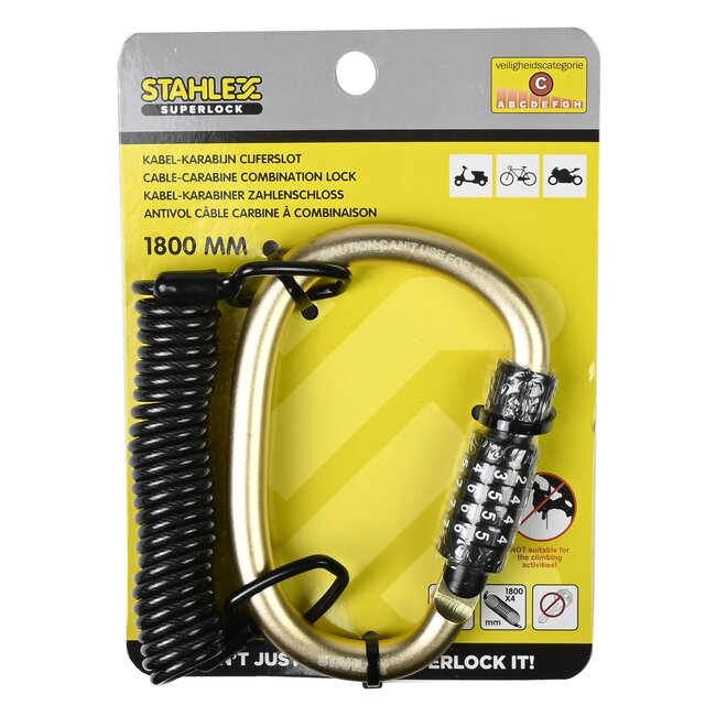 Benson Compact kabelslot met karabijnhaak - instelbare cijfercode - zwart - 133,5 x 97,5 mm