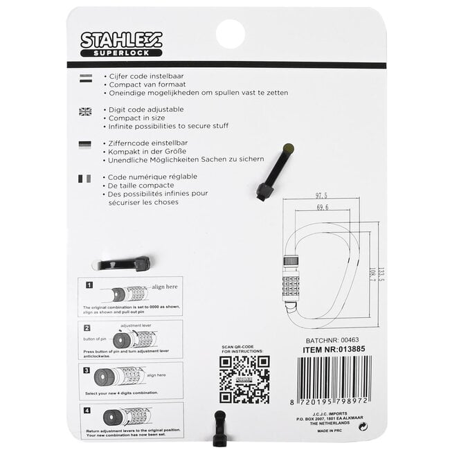 Benson Compact kabelslot met karabijnhaak - instelbare cijfercode - zwart - 133,5 x 97,5 mm