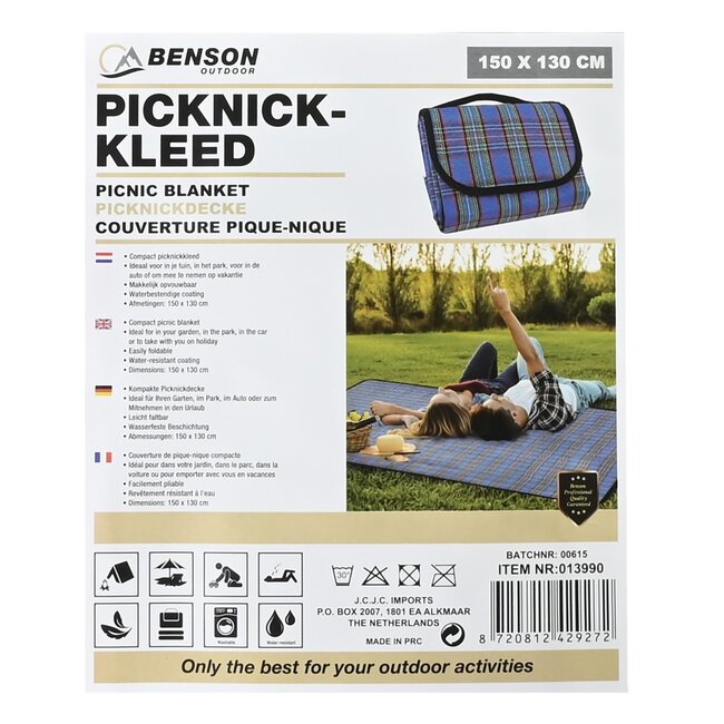 Benson Compact picknickkleed - waterbestendig - 150 x 130 cm - kleurenmix