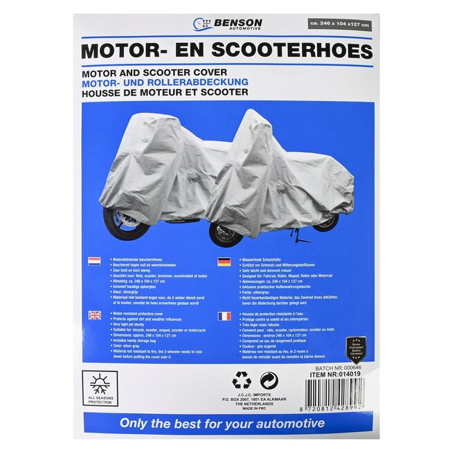 Benson Stevige motor- en scooterhoes - waterafstotend - 246 x 104 x 127 cm - zilvergrijs - inclusief opbergtas
