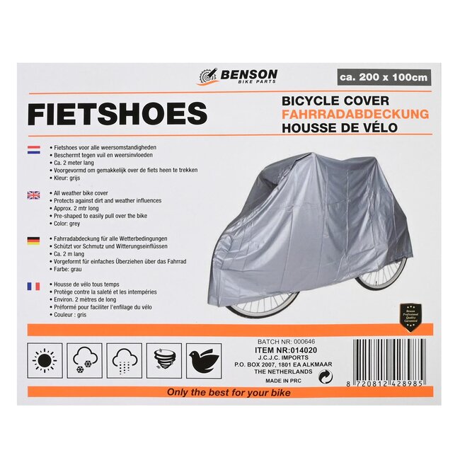 Benson Stevige fietshoes - Voorgevormd design - 200 x 100 cm - Grijs - Inclusief opbergtas