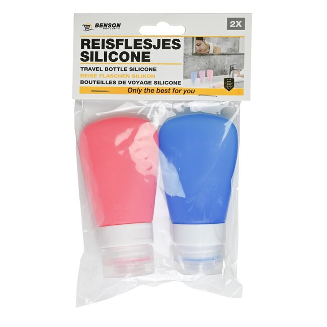 Benson Reisflesjes set - siliconen - anti-lek - 60 ml - blauw/roze - 2 stuks