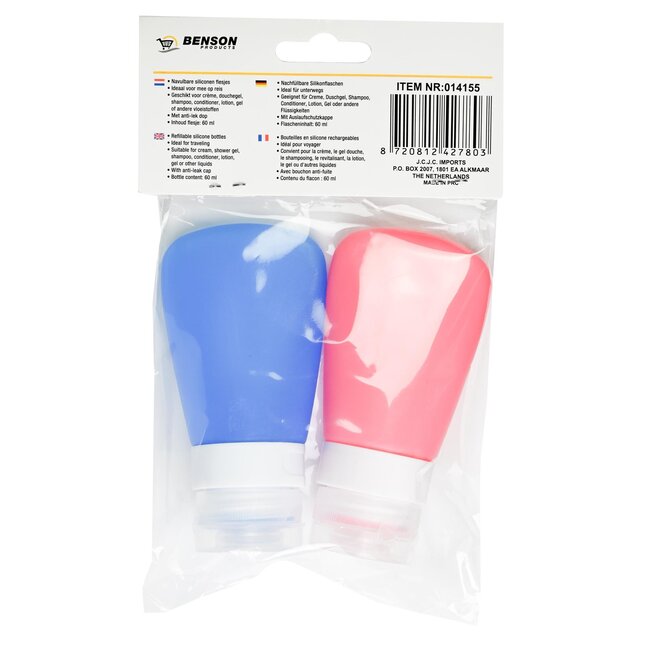 Benson Reisflesjes set - siliconen - anti-lek - 60 ml - blauw/roze - 2 stuks
