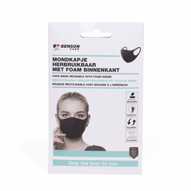 Benson Zwart herbruikbaar mondkapje - foam binnenkant - universele maat - wasbaar op 60 graden