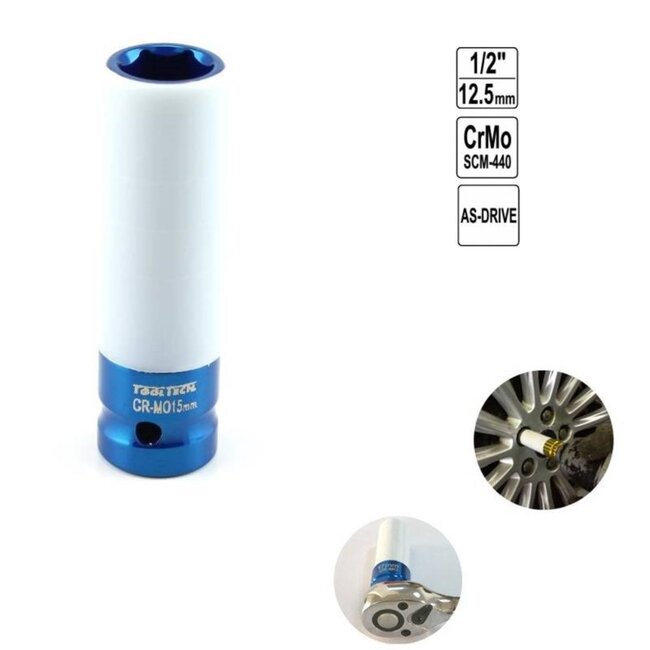 Tooltech Krachtdop 15 mm - Teflonbescherming - Lange 6-kant - 85 mm - Blauw