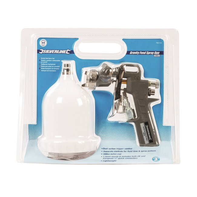 Silverline luchtverfspuit met bovenbeker - nylon - 1,5 mm spuitmond, 500 ml - transparant - voor nauwkeurig werk, meubels en auto