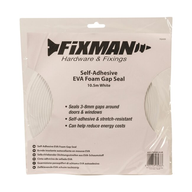 Fixman tochtstrip - EVA-schuim - 8 mm breed - 10,5 meter - zelfklevend, voor kieren 3-8 mm - wit - deuren en ramen