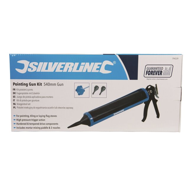 Silverline voegpistool kitspuit - gehard staal - trekkerhandvat - 540 mm - metaalkleur - 2 mondstukken + mixstaaf - tegels voegen