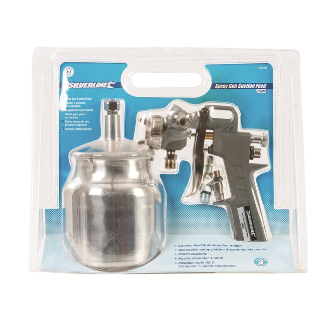 Silverline Aanzuigverfpistool met onderbeker - aluminium - verstelbaar spuitpatroon - mondstuk 1,5 mm - 750 ml - meubels en muren