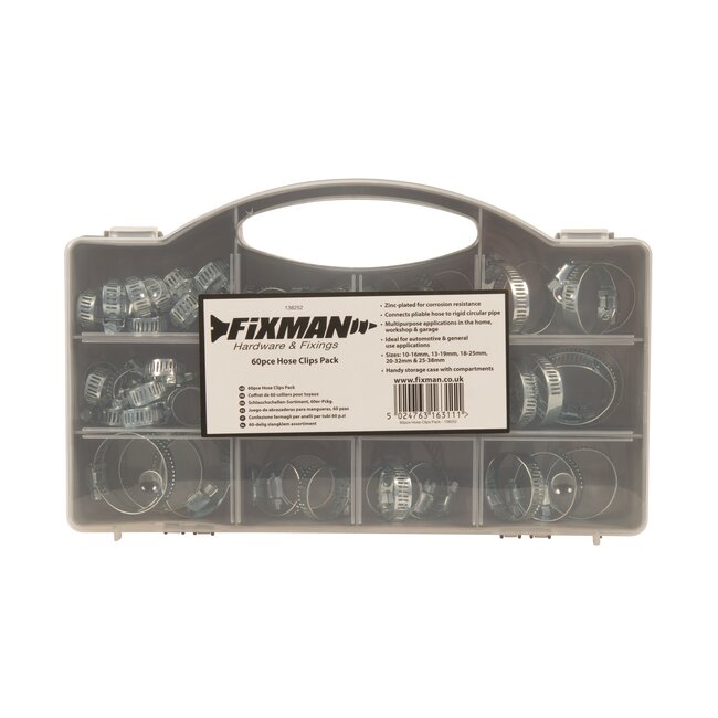 Fixman Slangklemmen assortiment - verzinkt staal - voor slangverbindingen - 10-38 mm - zilver - 60-delig - voertuigen