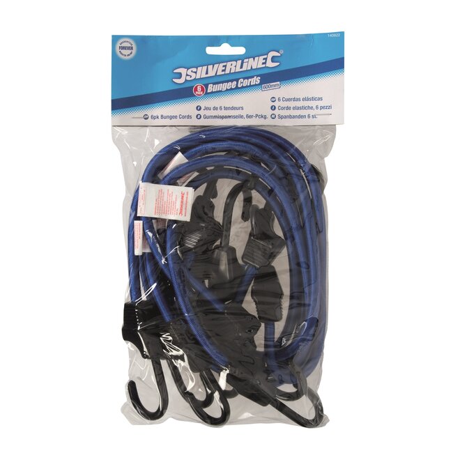 Silverline Bagage-elastieken met haken - rubber met polypropyleen mantel - 8 mm, 60 cm - 6 stuks - bagage op auto en aanhanger