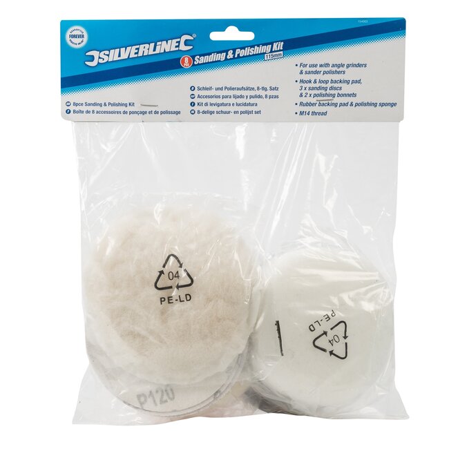 Silverline schuur- en polijstset 115 mm rond - rubber, wol en schuim - meerkleurig - 8-delig - voor hout, metaal en autolak
