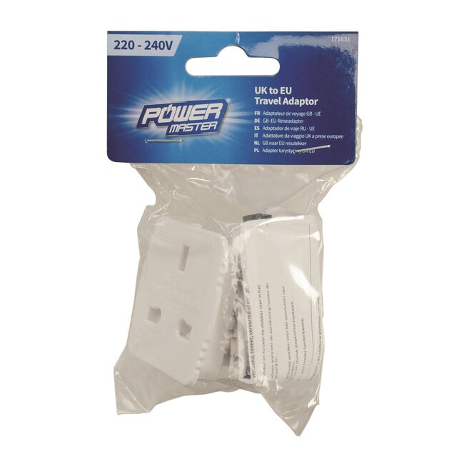 Powermaster verloopstekker - kunststof - type G naar type F zonder randaarde - 13 ampere - wit - voor Britse apparaten in Europa