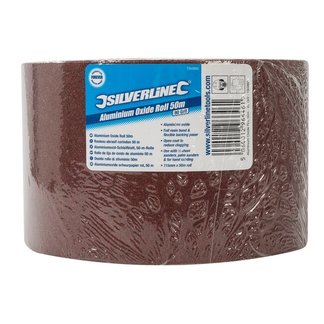 Silverline Schuurpapier op rol - aluminiumoxide - korrel 80 voor schuren - 11,5 cm x 50 m - bruin - voor vlak- en handschuren