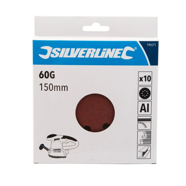 Silverline schuurschijven - aluminiumoxide - klittenband, 8 gaten, korrel 60 grof - 150 mm - 10 stuks - voor excenterschuurmachine