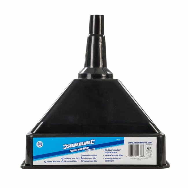 Silverline trechter met filter - 25.5 x 16.5 cm - polyethyleen - conische tuit, olie- en brandstofbestendig - werkplaats/auto