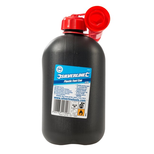 Silverline Brandstof jerrycan - kunststof - met flexibele schenktuit en drukventiel - 5 liter - zwart - voor auto en werkplaats