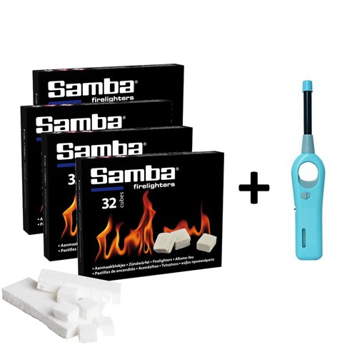 Samba Aanmaakblokjes Wit - Kerosine - 4 x 32 Stuks Inclusief BBQ Aansteker Samba Aanmaakblokjes Wit - Kerosine - 4 x 32 Stuks Inclusief BBQ Aansteker