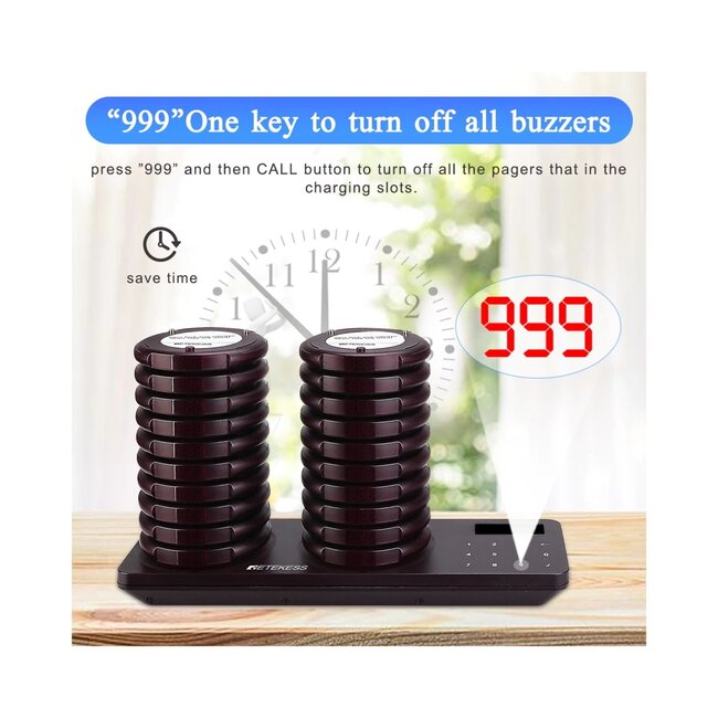 Retekess gasten oproepsysteem horeca – kunststof – draadloos 400 meter – 8,0x7,3x1,5 cm – zwart – 20 ontvangers – restaurant