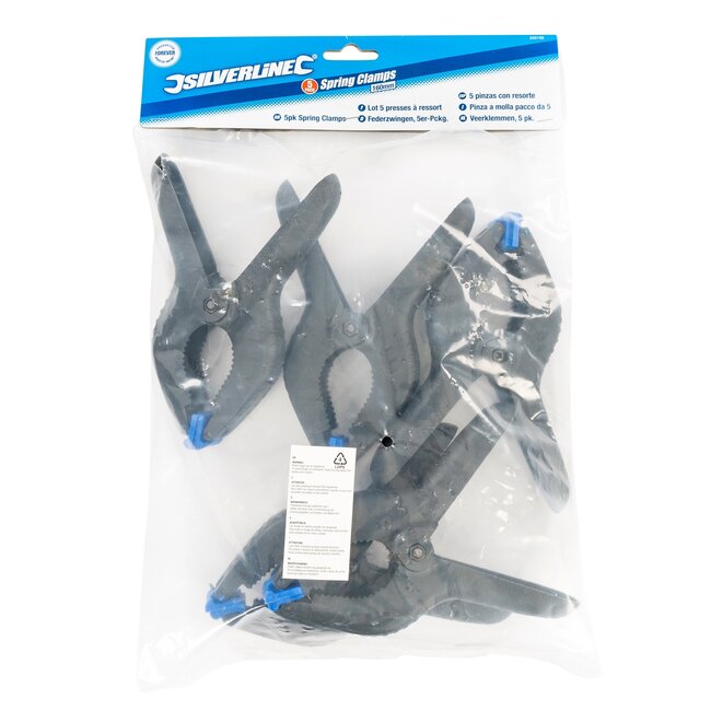 Silverline Veerklemmen - kunststof - draaibare antislipbekken - 160 mm, kaakopening 70 mm - 5 stuks - modelbouw en houtbewerking